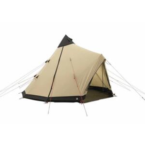 Tan and black teepee-style camping tent with a side entrance and guy lines