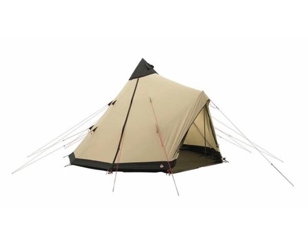 Tan and black teepee-style camping tent with a side entrance and guy lines