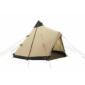 Tan and black teepee-style camping tent with a side entrance and guy lines