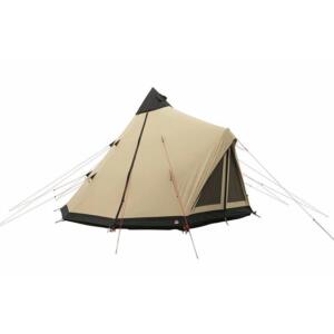 Tan and black teepee-style tent with a side entrance and guy lines