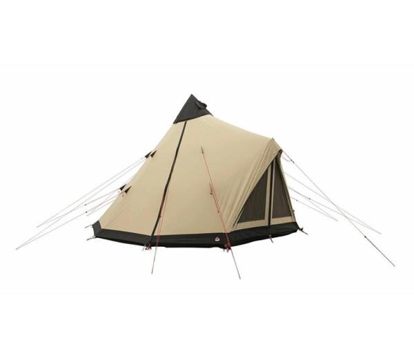 Tan and black teepee-style tent with a side entrance and guy lines